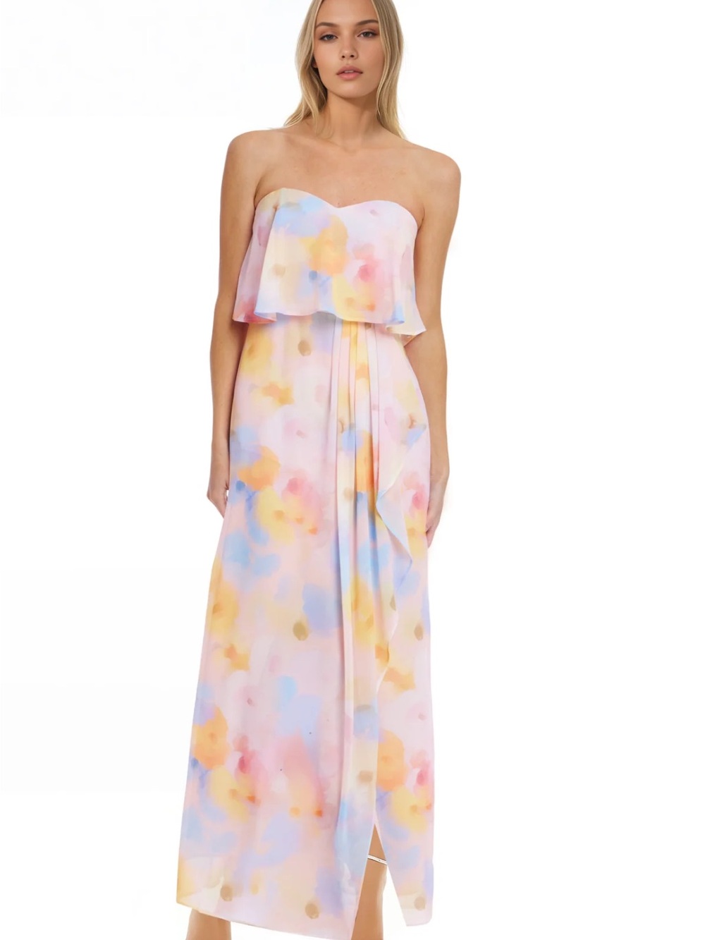 Badgley Mischka Strapless Pastel Watercolor Maxi Dress